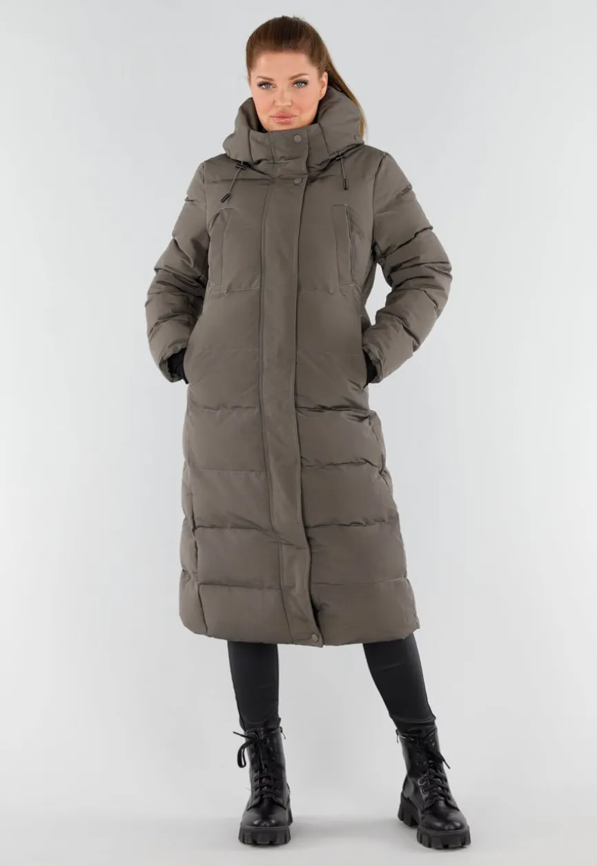 Khaki Lange Pufferjas met Capuchon en Hoge Kraag