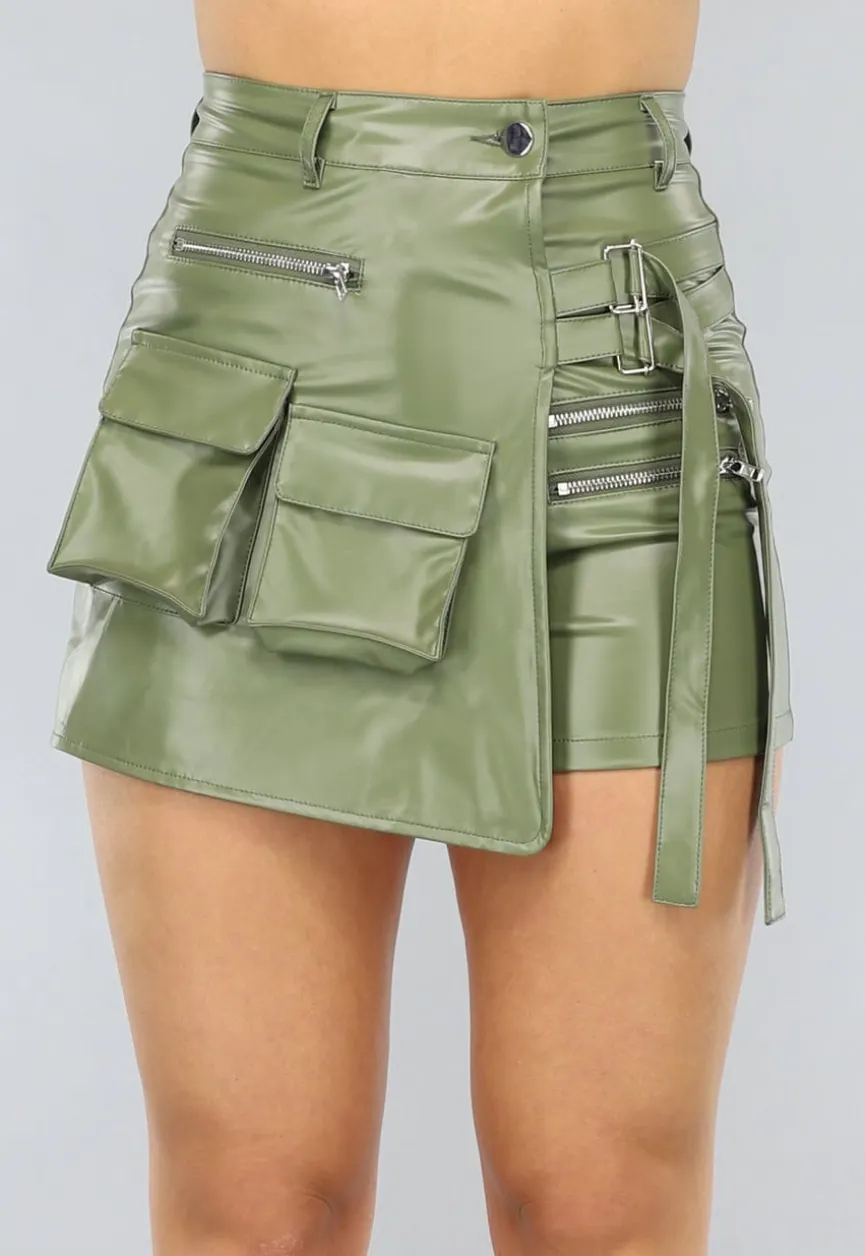 Khaki Lederlook Overslag Cargo Skort