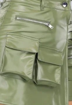 Khaki Lederlook Overslag Cargo Skort