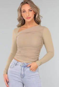 Khaki Padded Top met Mesh Details
