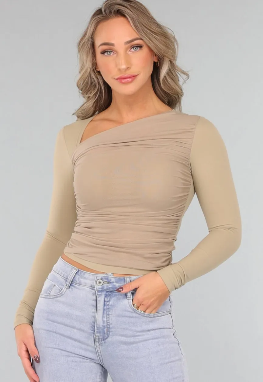 Khaki Padded Top met Mesh Details
