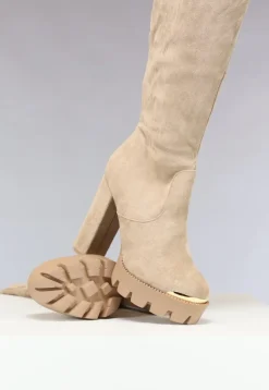 Khaki Plateau Knielaarzen met Gouden Details
