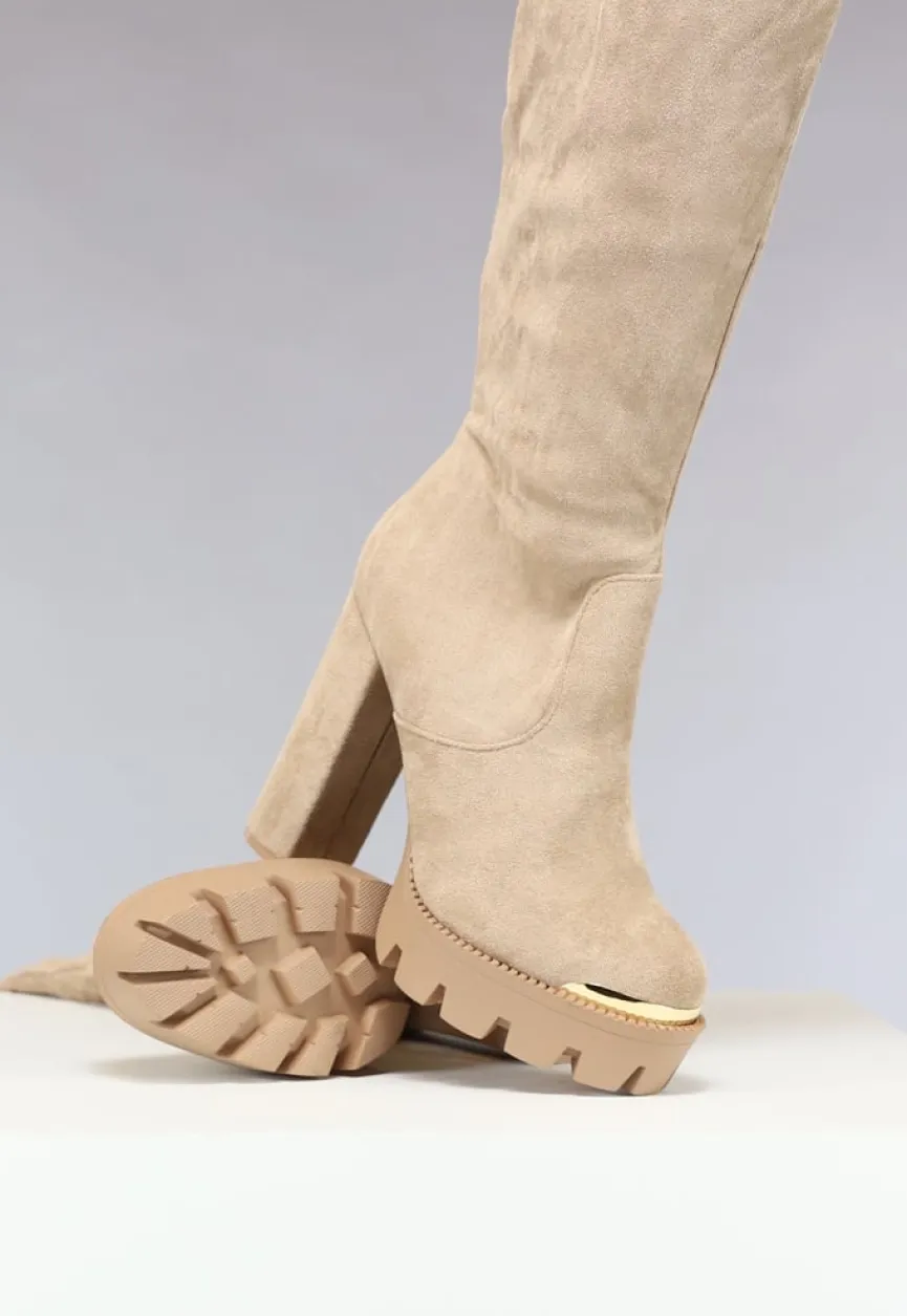 Khaki Plateau Knielaarzen met Gouden Details