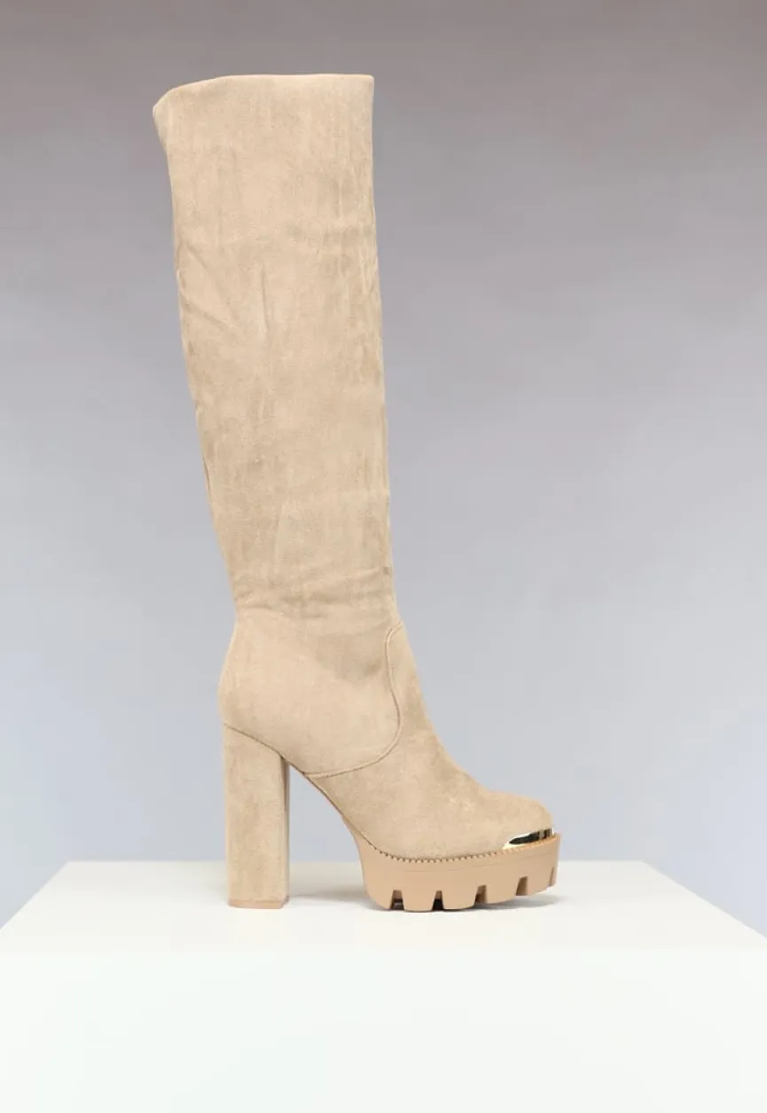 Khaki Plateau Knielaarzen met Gouden Details