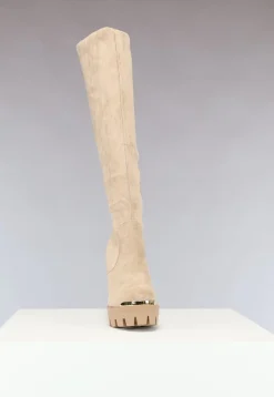 Khaki Plateau Knielaarzen met Gouden Details