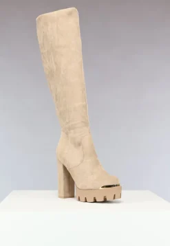 Khaki Plateau Knielaarzen met Gouden Details