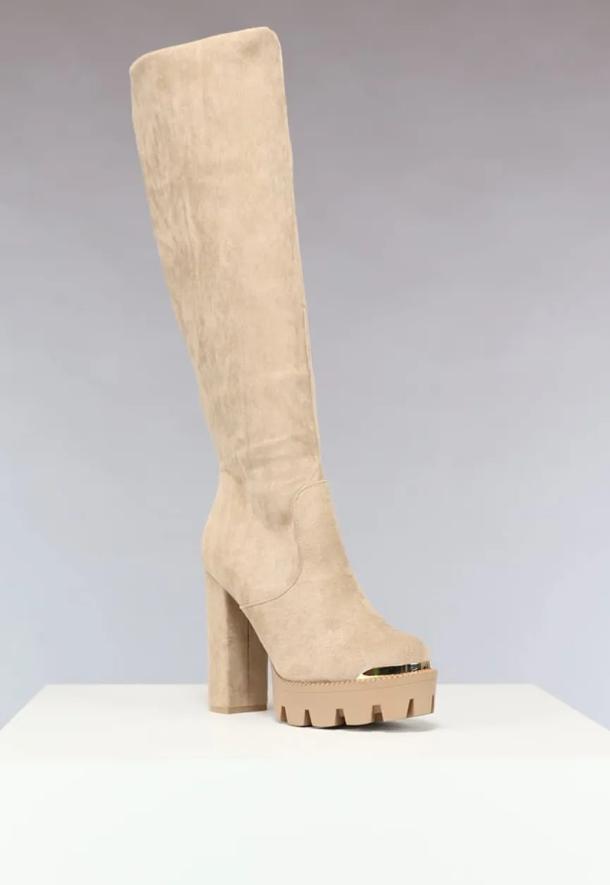 Khaki Plateau Knielaarzen met Gouden Details