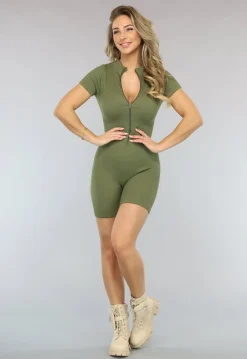 Khaki Playsuit met Korte Mouwen en Ritssluiting