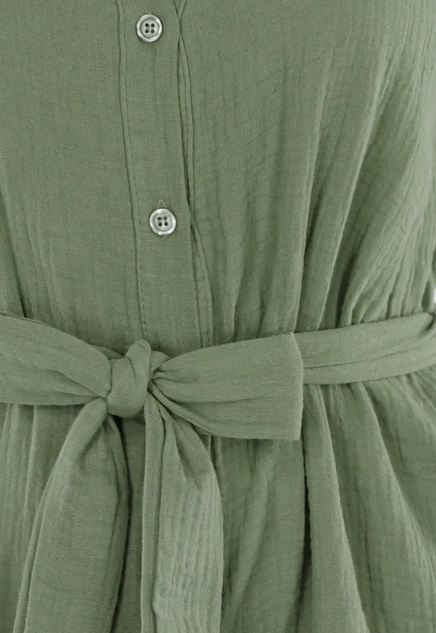 Khaki Playsuit van Katoen met Zakken en Tailleceintuur