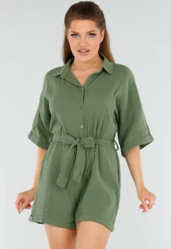 Khaki Playsuit van Katoen met Zakken en Tailleceintuur