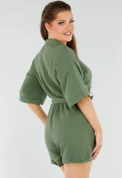 Khaki Playsuit van Katoen met Zakken en Tailleceintuur