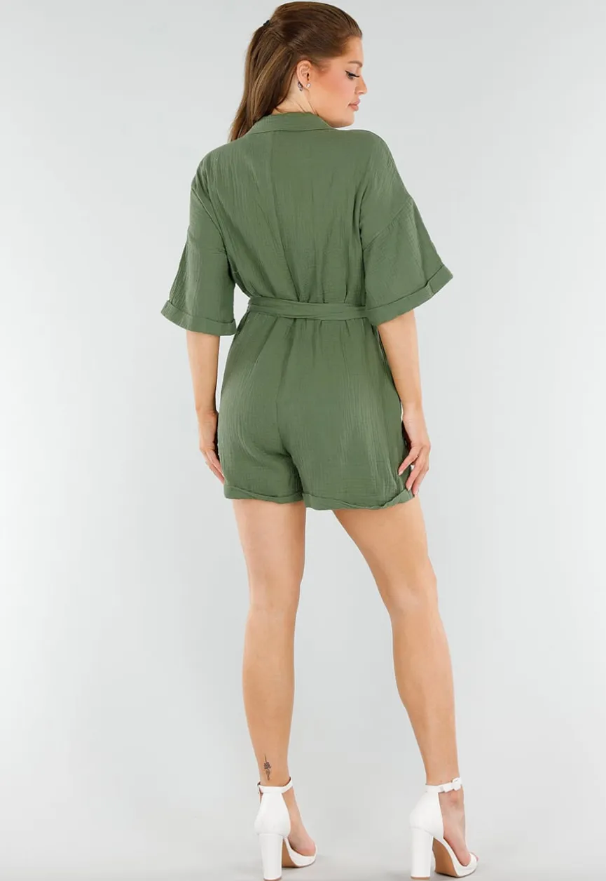 Khaki Playsuit van Katoen met Zakken en Tailleceintuur