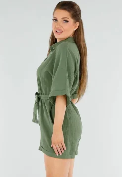 Khaki Playsuit van Katoen met Zakken en Tailleceintuur