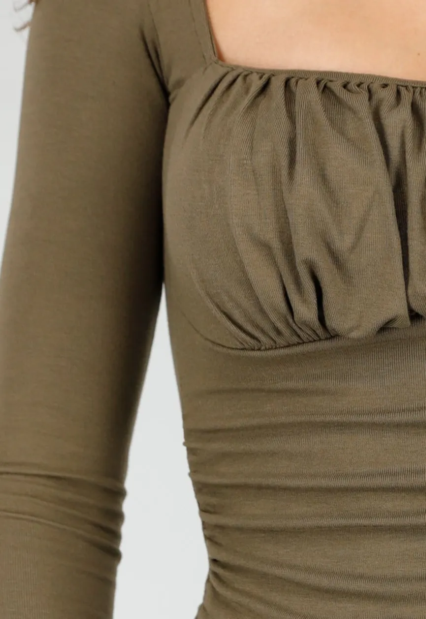 Khaki Push-Up Longsleeve Top met Gerimpelde Bustier
