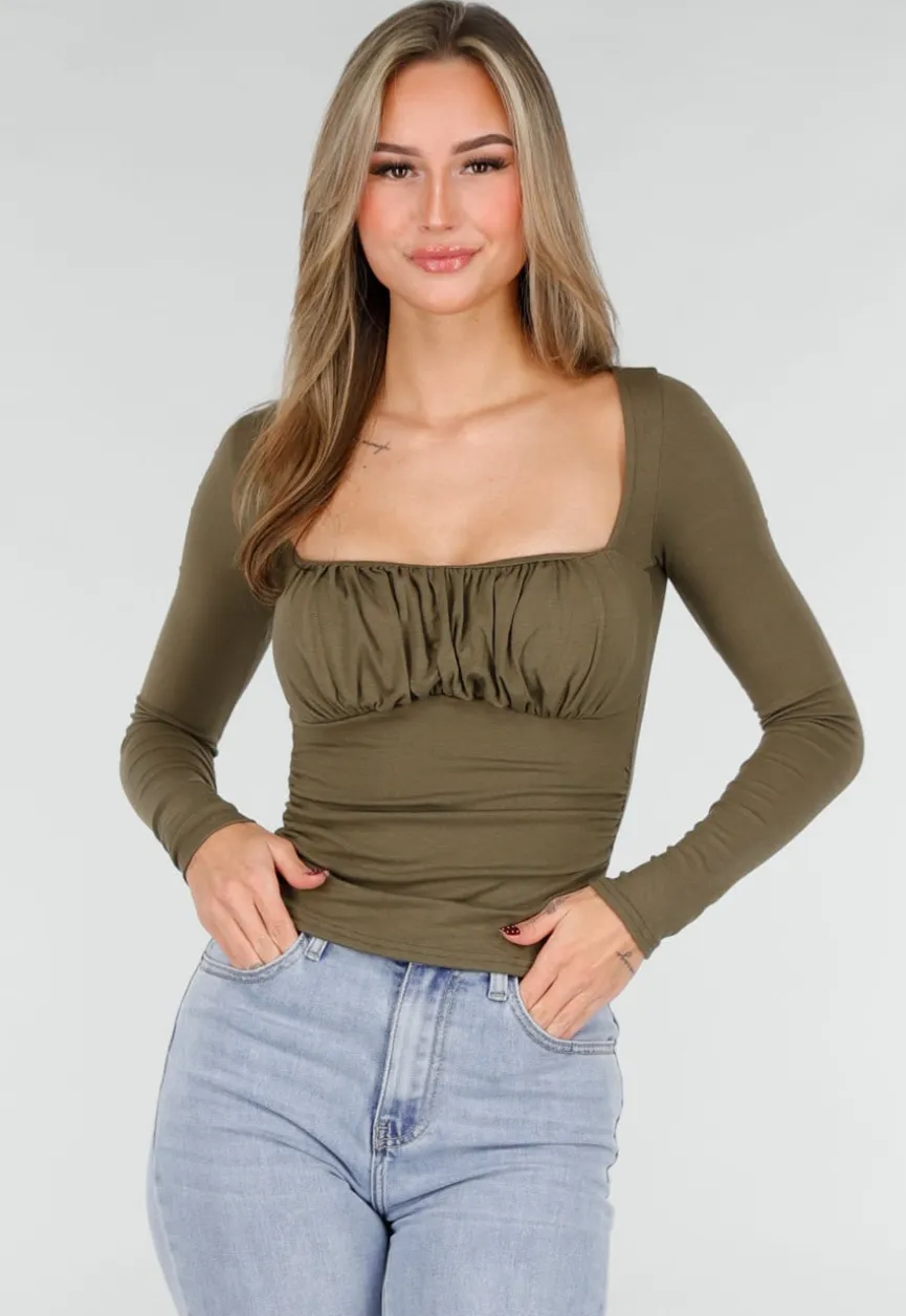 Khaki Push-Up Longsleeve Top met Gerimpelde Bustier