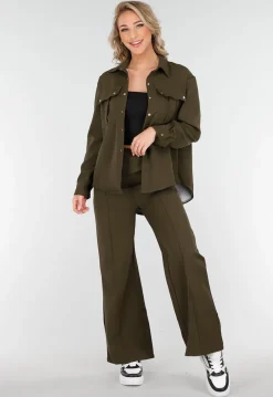 Khaki Set met Blouse en Straight Leg Broek met Gouden Knopen