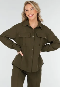 Khaki Set met Blouse en Straight Leg Broek met Gouden Knopen