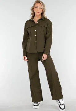 Khaki Set met Blouse en Straight Leg Broek met Gouden Knopen
