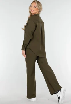 Khaki Set met Blouse en Straight Leg Broek met Gouden Knopen