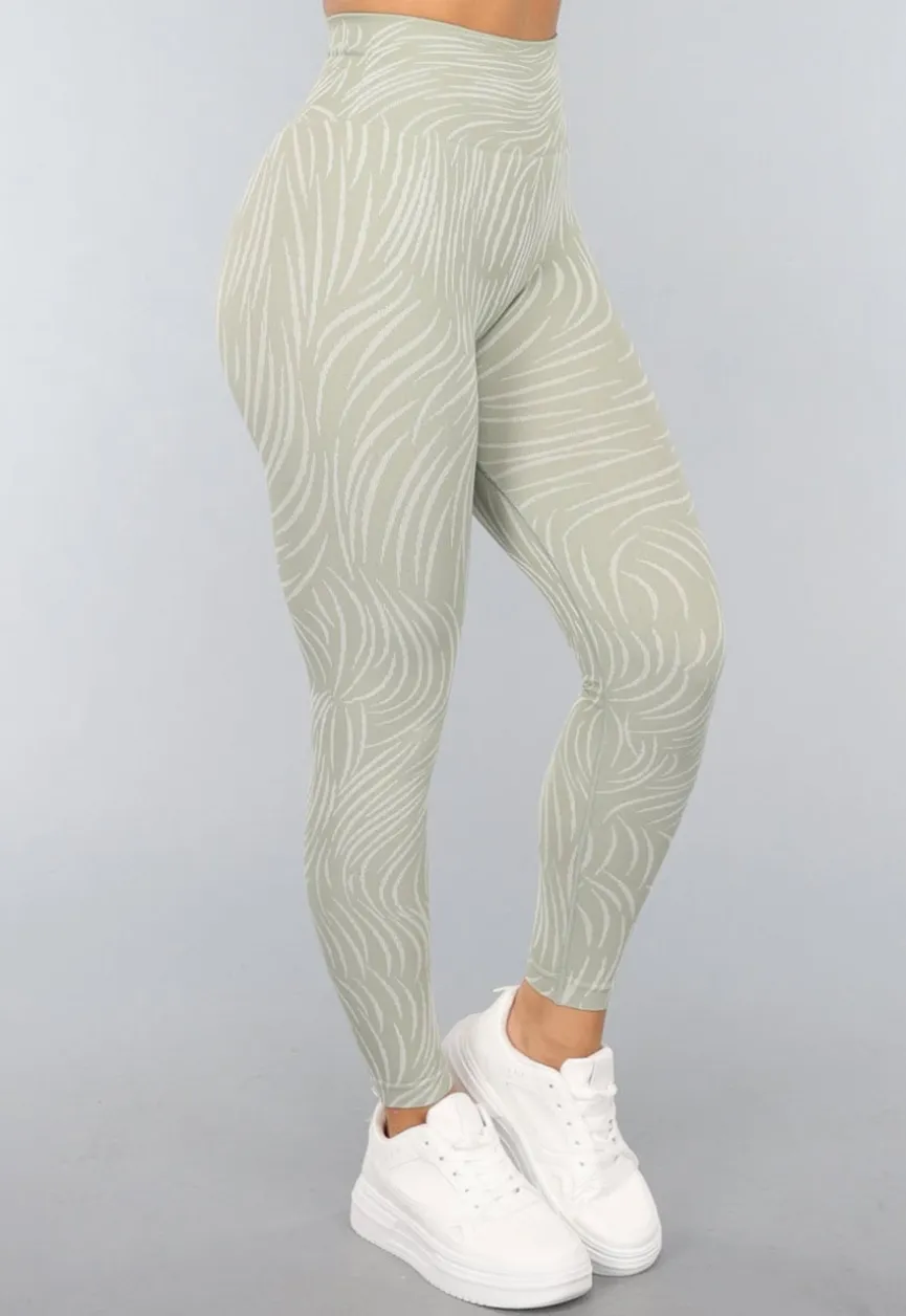 Khaki Sportlegging met Gestreepte Print