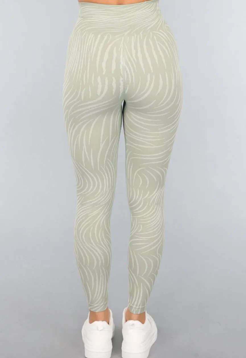 Khaki Sportlegging met Gestreepte Print