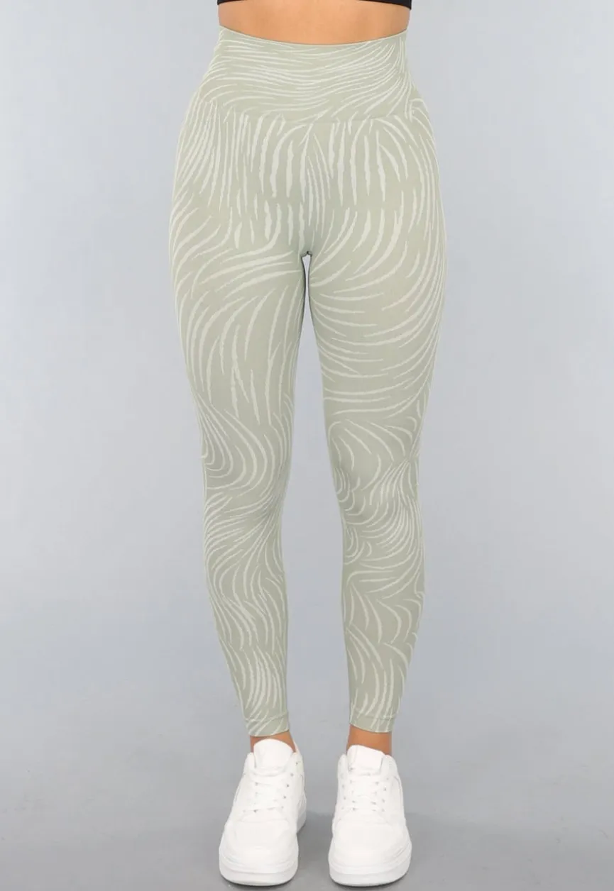 Khaki Sportlegging met Gestreepte Print