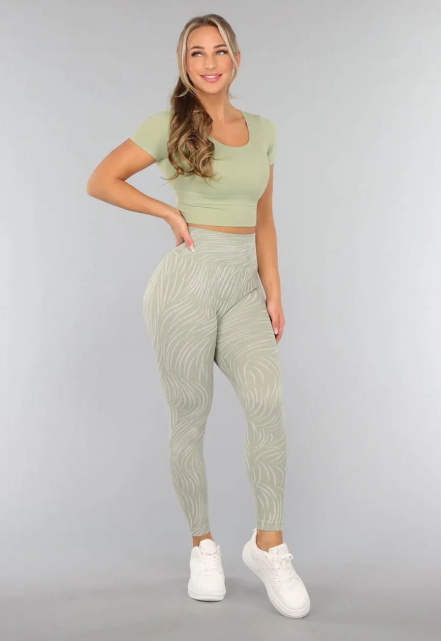 Khaki Sportlegging met Gestreepte Print