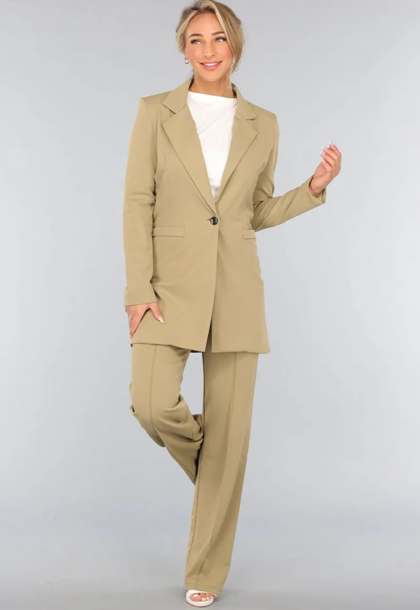 Khaki Stretch Blazer met Schoudervulling