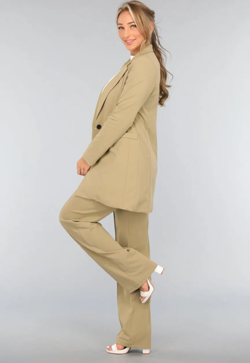Khaki Stretch Blazer met Schoudervulling