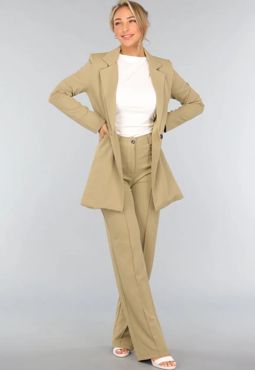 Khaki Stretch Blazer met Schoudervulling