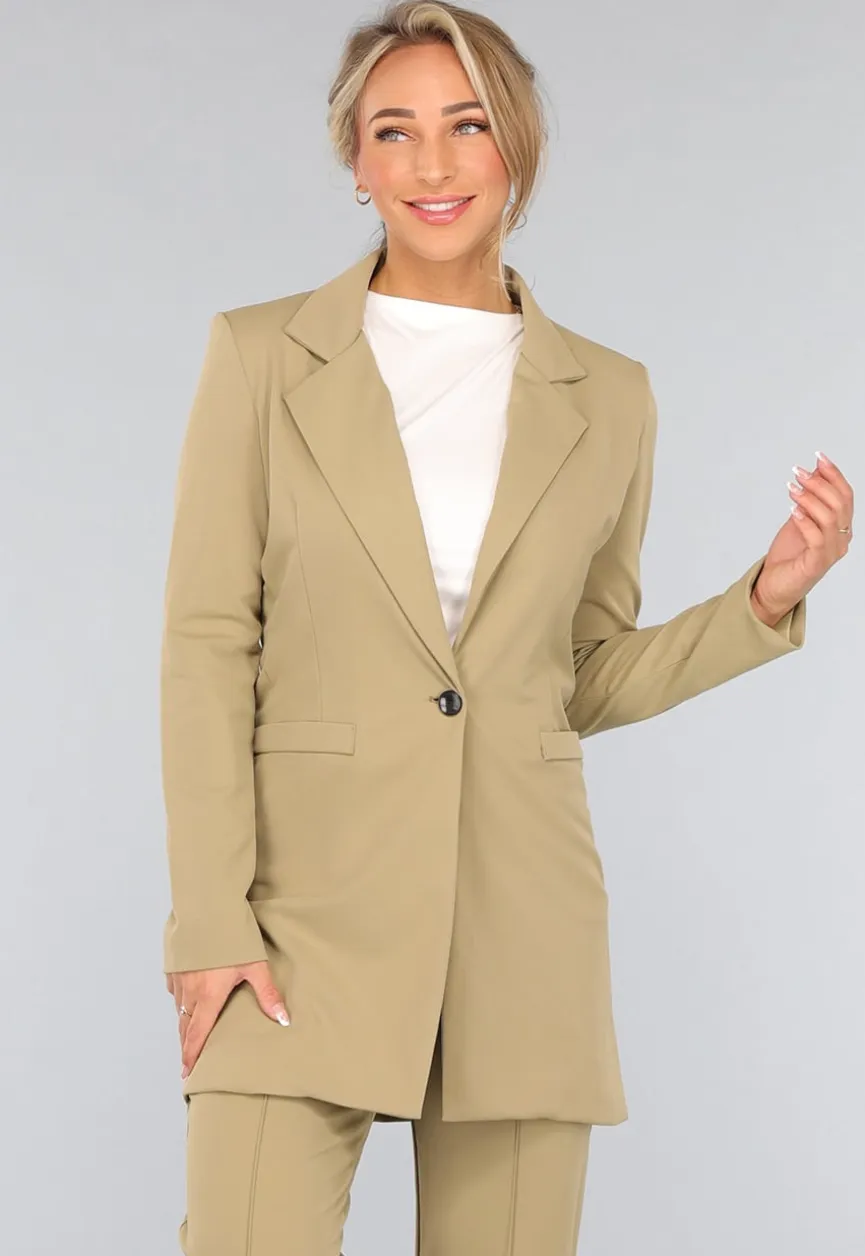 Khaki Stretch Blazer met Schoudervulling