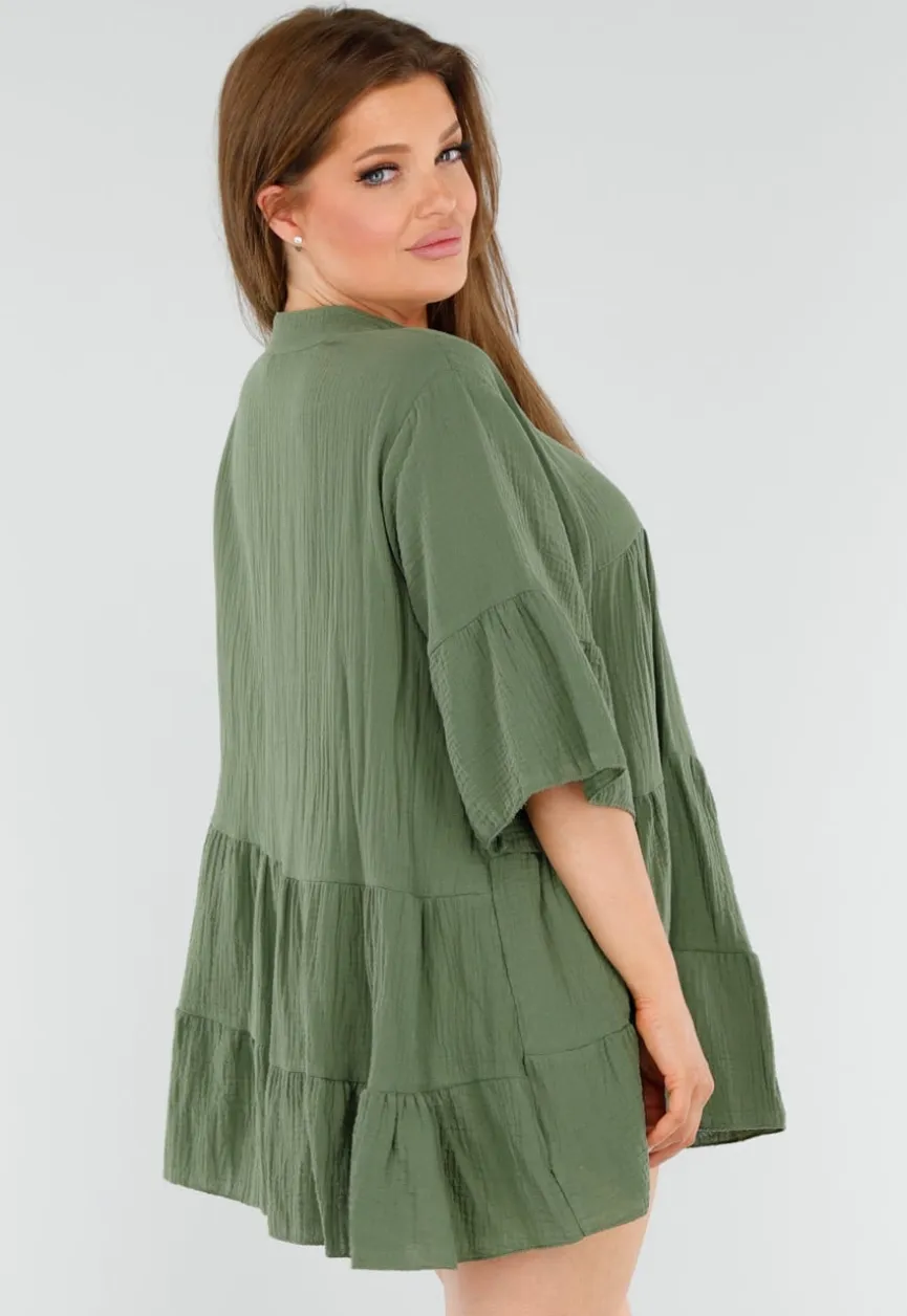 Khaki Tuniekjurk met Knoopsluiting en Driekwart Volantmouwen