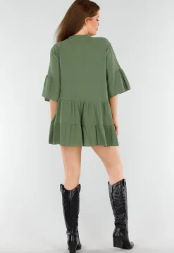 Khaki Tuniekjurk met Knoopsluiting en Driekwart Volantmouwen
