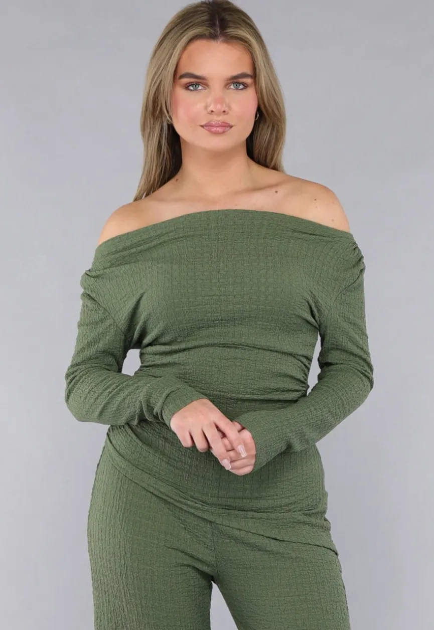 Khaki Twin Set in Gesmokte Stof