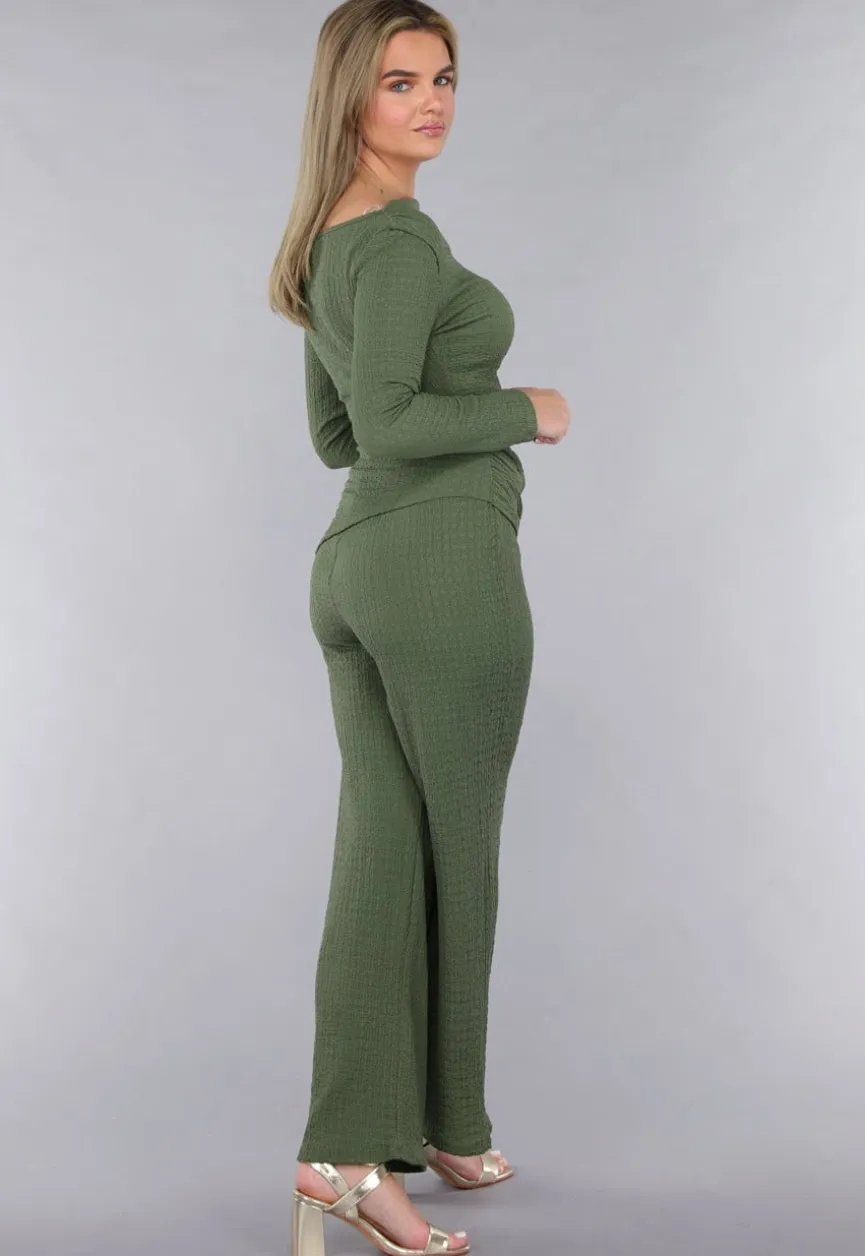 Khaki Twin Set in Gesmokte Stof