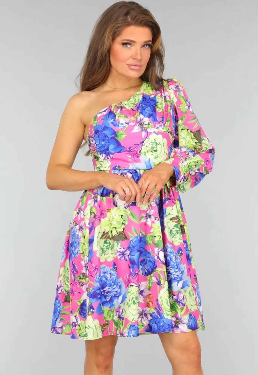 Kleurrijke One Shoulder Jurk met Bloemenprint