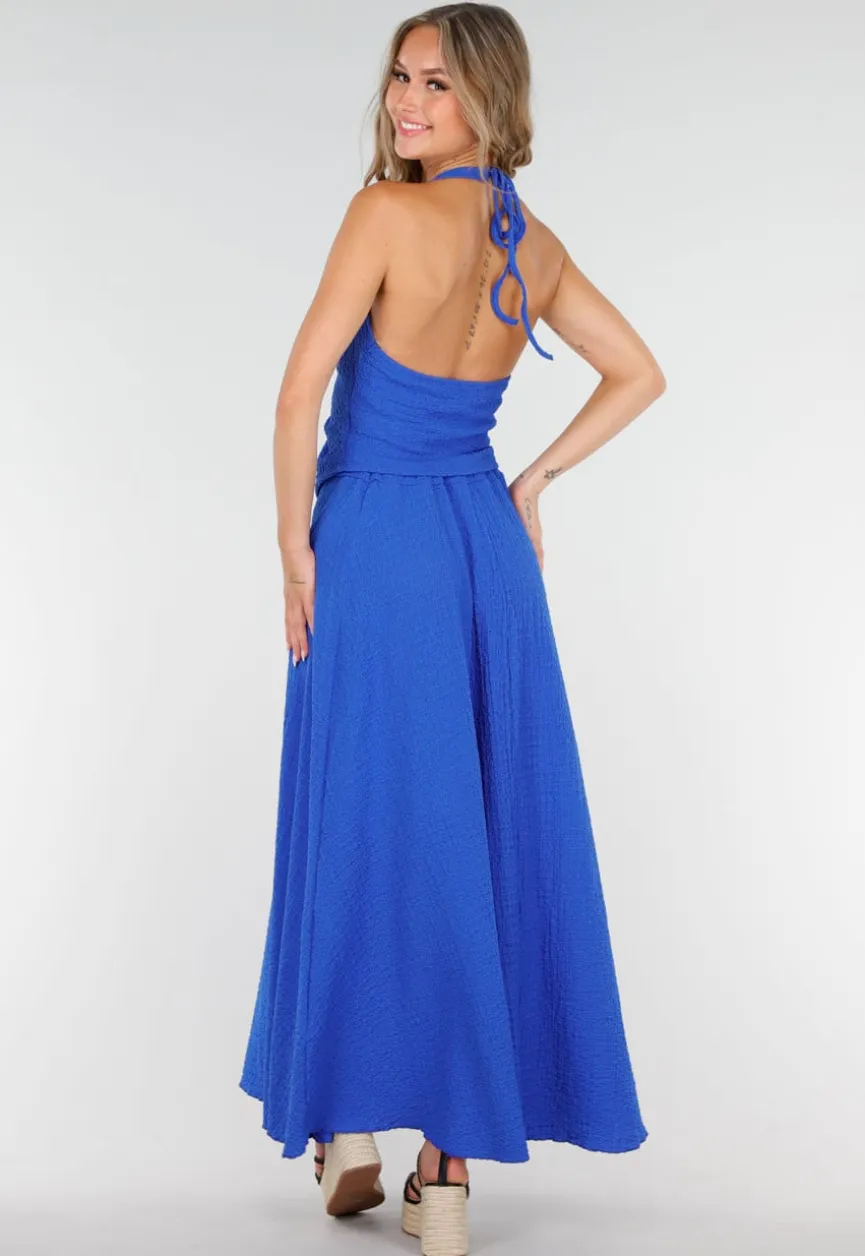 Kobaltblauwe Halter Set met Geknoopte Top en Stretch