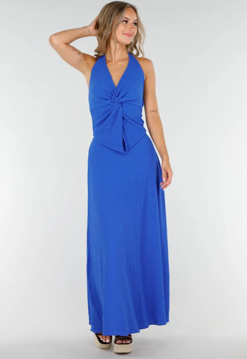 Kobaltblauwe Halter Set met Geknoopte Top en Stretch