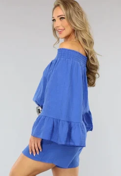 Kobalt Blauwe Mousseline Playsuit met Flair Mouwen