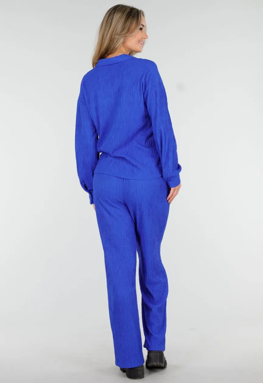 Kobaltblauwe Two Piece Set met Stretch Blouse en Rechte Broek