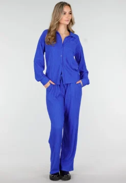 Kobaltblauwe Two Piece Set met Stretch Blouse en Rechte Broek