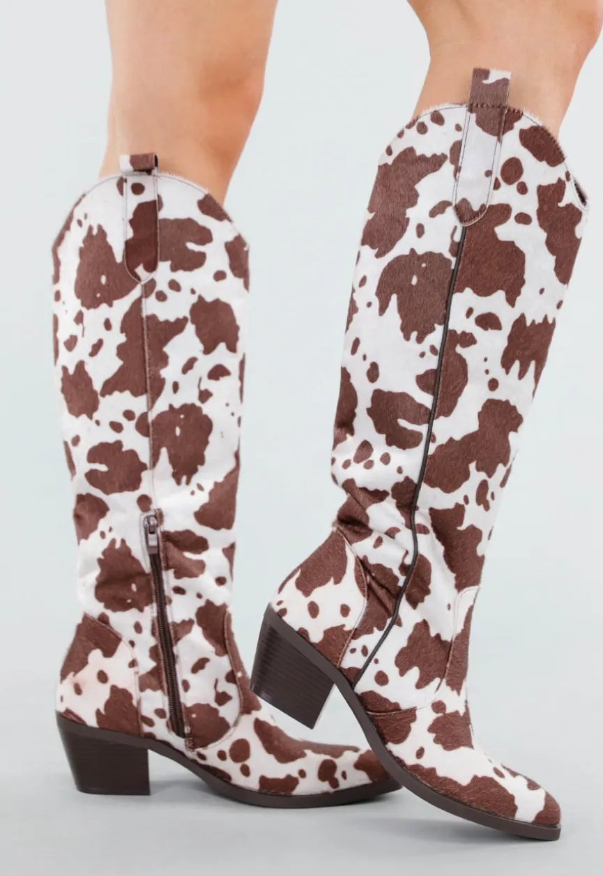 Koeienprint Cowboylaarzen in Bruin-Wit met Lage Hak