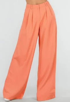 Koraalkleurige Tall Pantalon met Wijde Pijpen en Plooien
