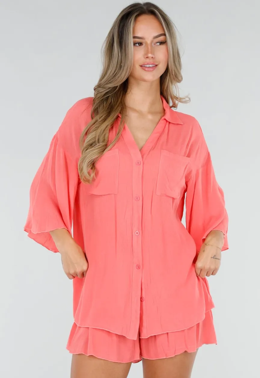 Koraal Matchende Set met Blouse, Shorts en Elastische Taille