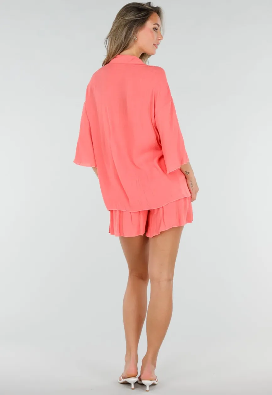 Koraal Matchende Set met Blouse, Shorts en Elastische Taille