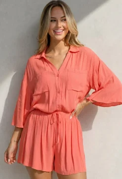 Koraal Matchende Set met Blouse, Shorts en Elastische Taille