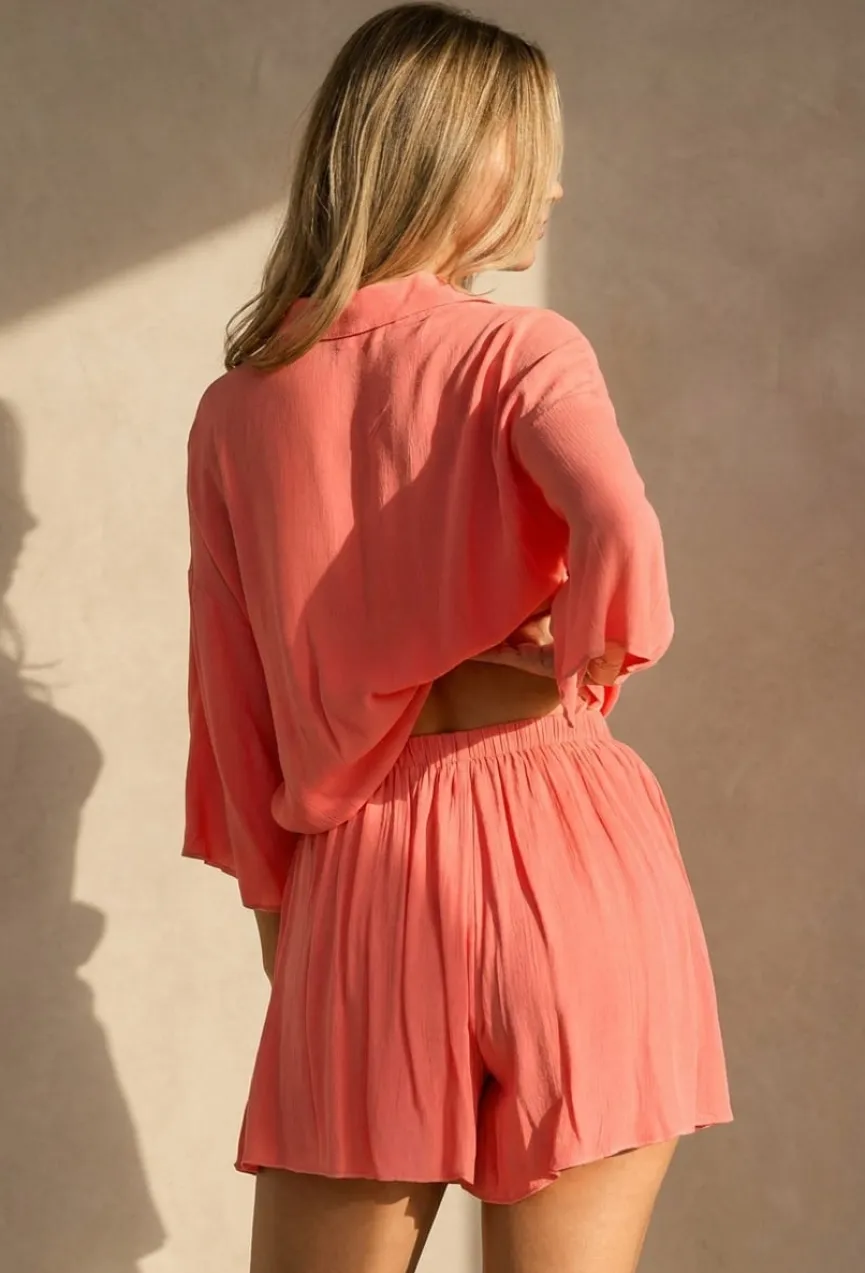 Koraal Matchende Set met Blouse, Shorts en Elastische Taille
