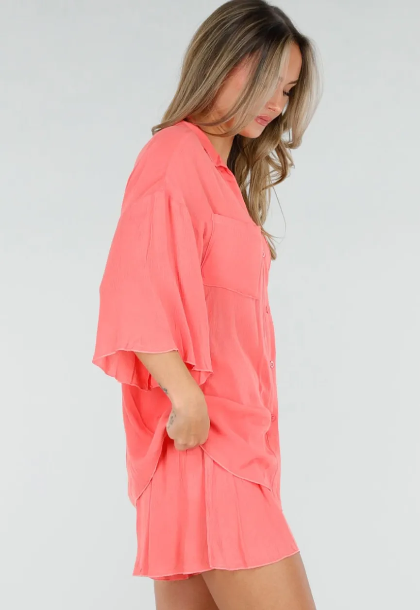 Koraal Matchende Set met Blouse, Shorts en Elastische Taille