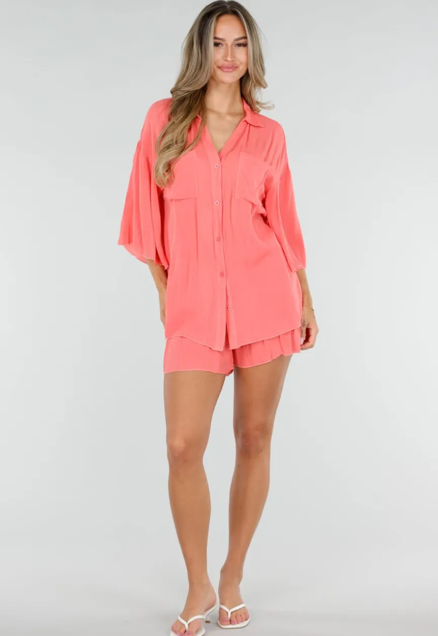 Koraal Matchende Set met Blouse, Shorts en Elastische Taille