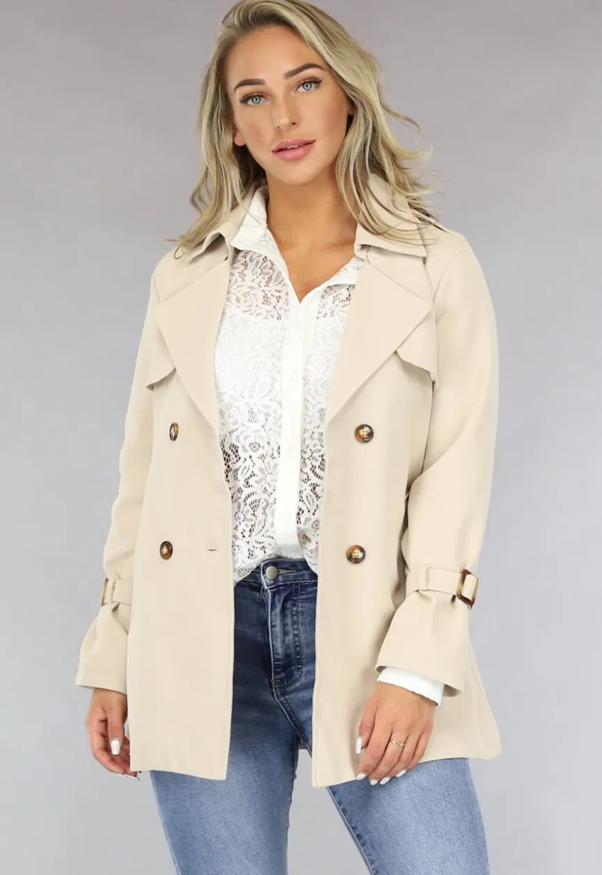 Korte Beige Jas met Tailleband en Knoopsluiting